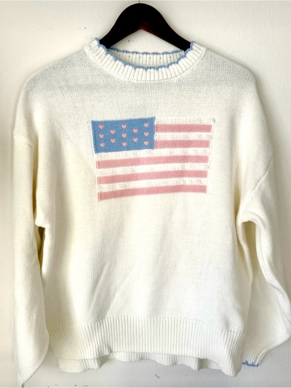 NWT American Flag 4th of July Cream Knit Sweater with Pink & Blue Flag Motif